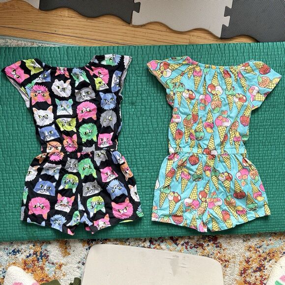 NEW Spotted Zebra 2 Shorts Rompers Girl S 6/7 Cat & Ice Cream Cones Thick Cotton - Picture 2 of 16